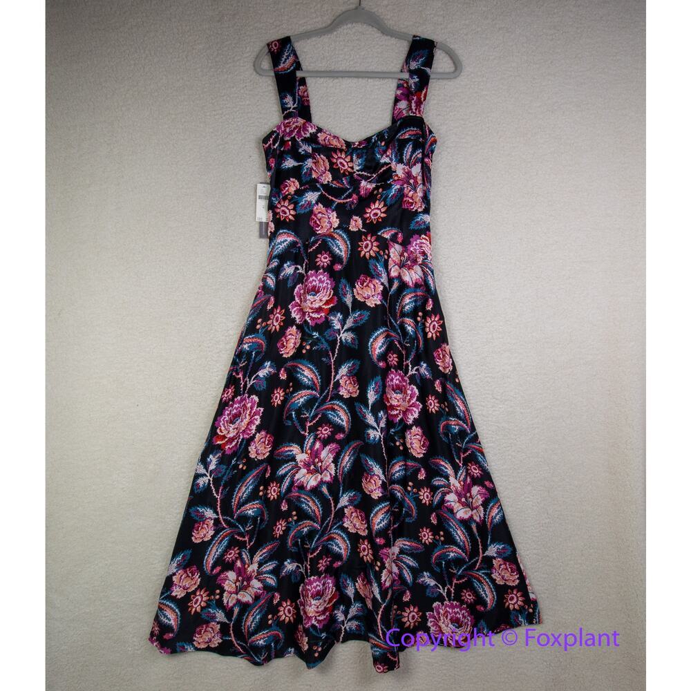 New! Anthropologie Maeve Jocelyn Black Pink Floral Sleeveless Slip Midi Dress, M